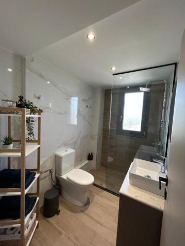 a bathroom with a toilet and a sink and a shower at La Viella in Gastoúni