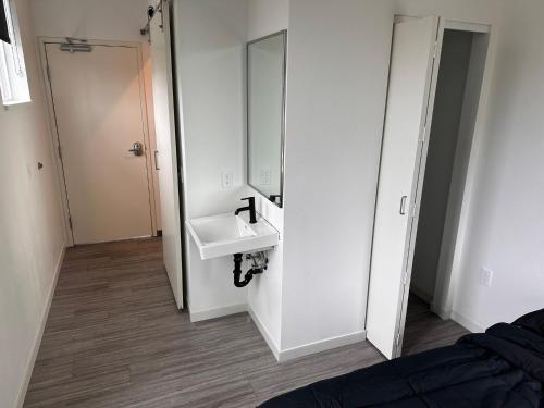 a bathroom with a sink and a mirror at Private Apartment in Portland in Portland