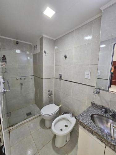 La salle de bains est pourvue de toilettes, d'une douche et d'un lavabo. dans l'établissement YSYRY PISO 4, BONITO Y MODERNO DEPTO. EN BARRIO VILLA SARITA, à Posadas