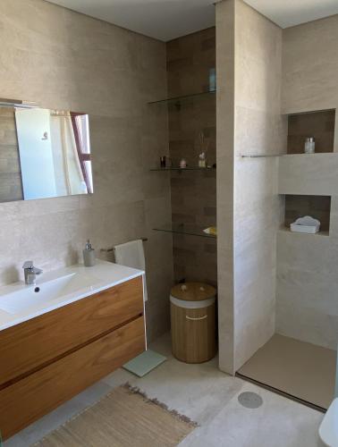 a bathroom with a sink and a shower and a toilet at Apartament Praceta Vila do Conde in Vila do Conde