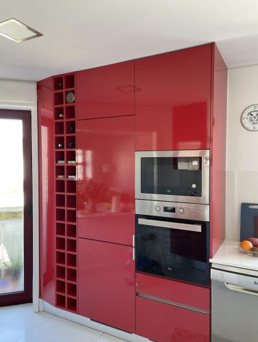 a red wall in a kitchen with a microwave at Apartament Praceta Vila do Conde in Vila do Conde