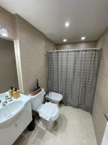 a bathroom with a toilet and a sink and a shower at Orillas II in Puerto Madryn