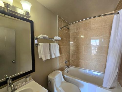 a bathroom with a tub and a toilet and a sink at Royal Lodge in Edmonton