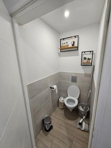 une salle de bains avec des toilettes et deux photos sur le mur. dans l'établissement Le 14B RDC, à Saint-Priest