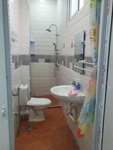 a white bathroom with a toilet and a sink at Les 2 palmiers in Kouba
