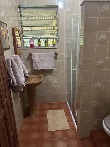 a bathroom with a shower and a sink at Casa no campo in Bom Jardim