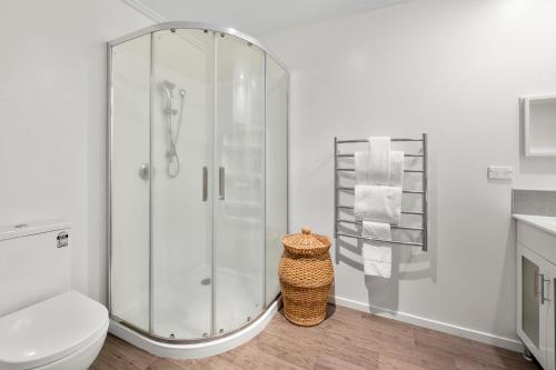 een witte badkamer met een douche en een toilet bij The Tin Hut - Kinloch in Kinloch