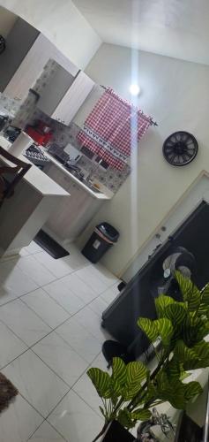 a kitchen with a potted plant and a clock on the wall at Finest Accommodation Phoenix Park Phase 4 Lot # 1348 Portmore St Catherine in Portmore