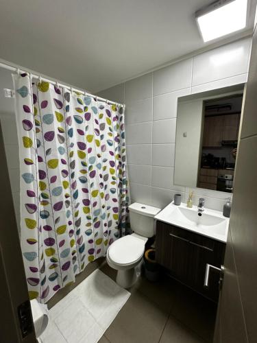 y baño con aseo, lavamanos y cortina de ducha. en Departamento Estudio en Ñuñoa, en Santiago