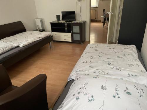 um quarto com 2 camas e uma secretária com uma televisão em Holländers Appartement em Bruchsal