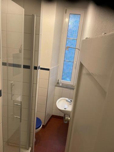 uma casa de banho com um lavatório, um WC e uma janela. em Holländers Appartement em Bruchsal