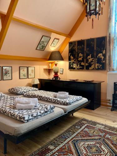 two large beds in a room with a rug at Gudrun 5 pers Equipped house with sauna. Dogs are welcome! in Anjum