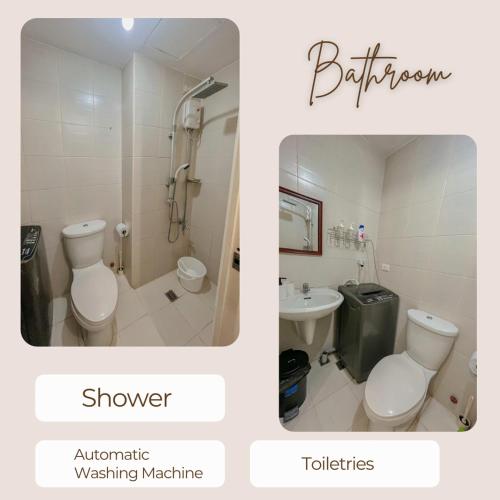 馬尼拉的住宿－Jazz Residences-Cozy Unit Tower C，浴室的两张照片,配有两个卫生间和一个水槽