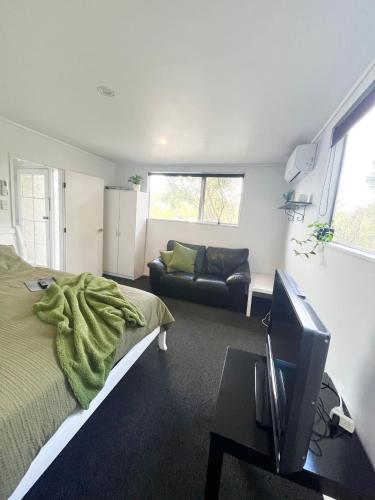 a bedroom with a bed and a tv and a couch at Double Bedroom with Private Bathroom in Porirua