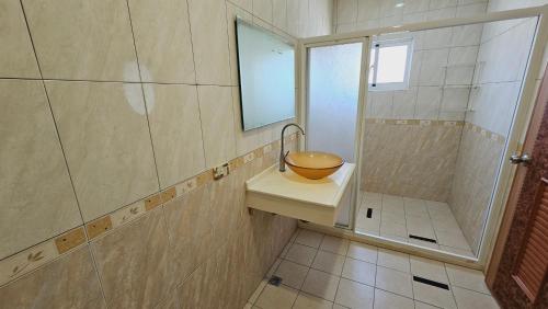 a bathroom with a shower with a bowl on a sink at Sea Front Homestay in Magong