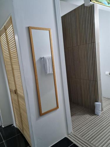 a mirror on a wall next to a bathroom at SKY BEACH ROOMS in Hopewell