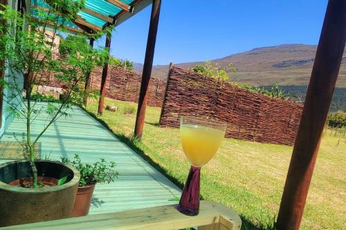 a glass of orange juice sitting on a table at The Dreamcatcher's View in Zuurbraak
