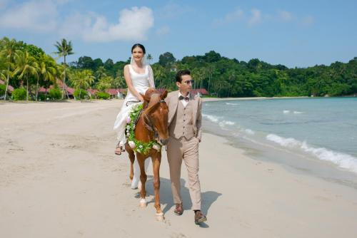 a bride and groom riding a horse on the beach at Banyu Biru Villa in Lagoi