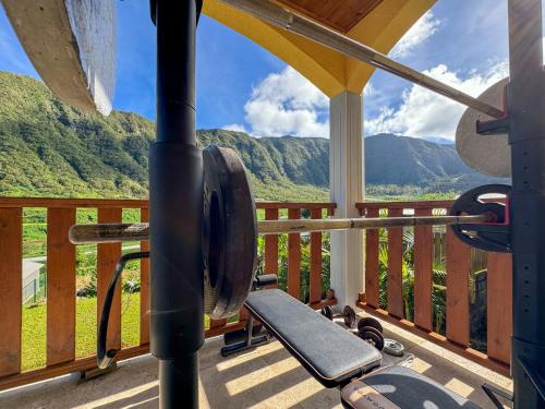 a home gym with a view of the mountains at La Villa Dos D'âne in La Possession
