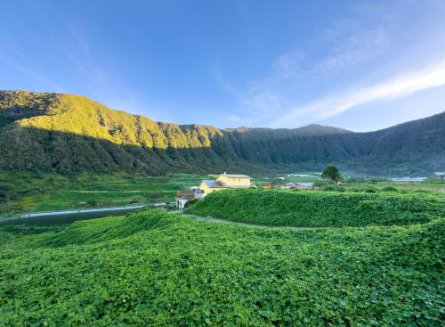 a view of a field with mountains in the background at La Villa Dos D'âne in La Possession