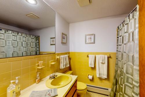 CentervilleにあるCenterville Hideawayの黄色のバスルーム(シンク、シャワー付)