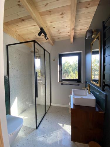 a bathroom with a glass shower and a sink at Mała Holenderka - Lewy Brzeg Narwi in Burlaki