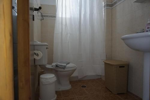 a small bathroom with a toilet and a sink at Nicholas Waves Beach Studios in Lardos