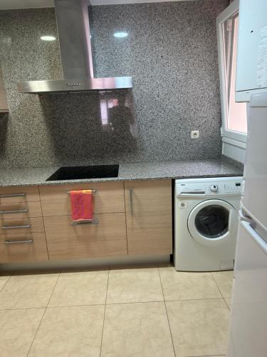 a kitchen with a washing machine and a sink at Apartamentos L'Ainsa in Aínsa
