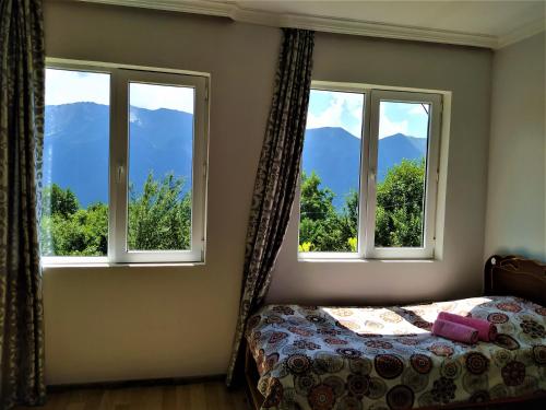 1 dormitorio con 3 ventanas, 1 cama y montañas en Gujejiani Guest house, en Mestia