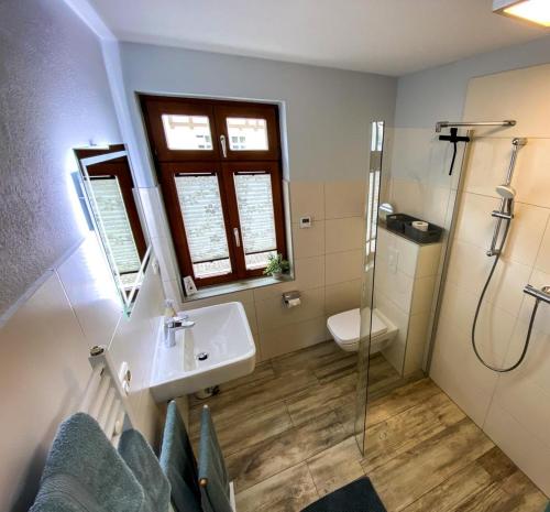 a bathroom with a sink and a toilet and a shower at Kloster in Angermünde
