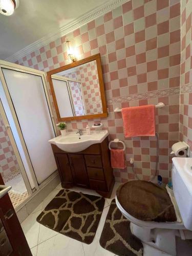 La salle de bains est pourvue d'un lavabo, de toilettes et d'un miroir. dans l'établissement Pleasant Studio In Casablanca, à Casablanca