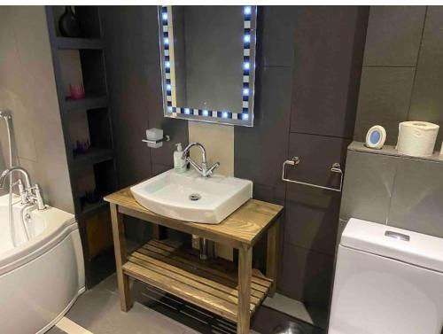 ein Badezimmer mit einem Waschbecken, einem WC und einem Spiegel in der Unterkunft Gwalia stores in Aberporth