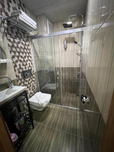 La salle de bains est pourvue d'une douche, de toilettes et d'un lavabo. dans l'établissement Baro suit home, à Istanbul