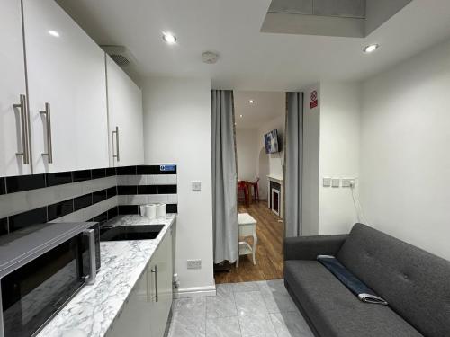 a living room with a couch and a kitchen at 4TH Studio Flat a Family Luxury London Home A Fully Equipped and furnished Studio With a King Size Bed And a Futon-Sofa Bed A Baby Cot A Kitchenette With a Private Toilet and Bath a Garden For up to 4 Guests and Free Parking in Lewisham