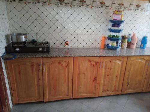cocina con armarios de madera y encimera en Eyasi Safari Motel, en Mangola
