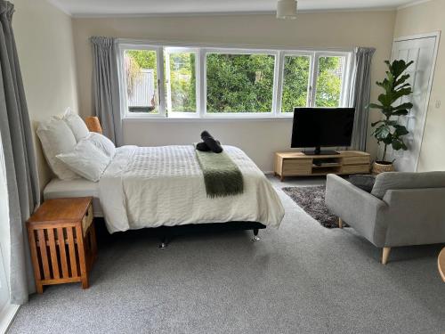 a bedroom with a bed and a tv and a chair at Urban Kingsland Studio in Auckland