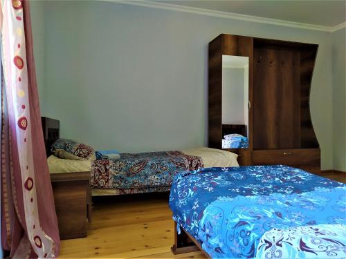 a bedroom with two beds and a mirror at Gujejiani Guest house in Mestia