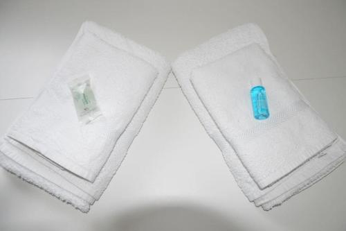 duas toalhas brancas com um item azul em studio lumineux au calme em Gif-sur-Yvette
