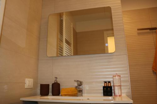 een badkamer met een wastafel en een spiegel bij Negrar monolocale a 700m da ospedale in Negrar
