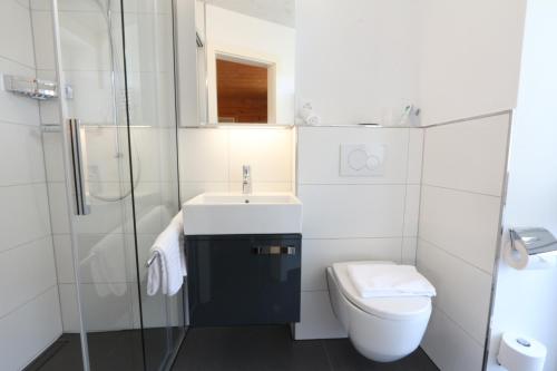 a bathroom with a toilet and a sink and a shower at Lifestyle & Spa Hotel Grächerhof in Grächen