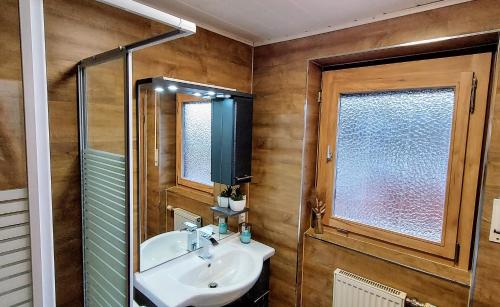 a bathroom with a sink and a mirror and a window at Waldhotel am Turm in Burgholz