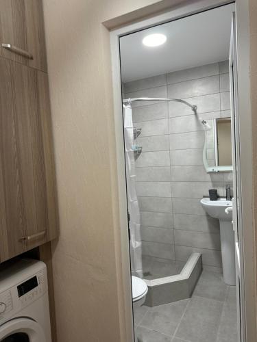 a bathroom with a shower and a toilet and a sink at Natali’s house in Tbilisi City