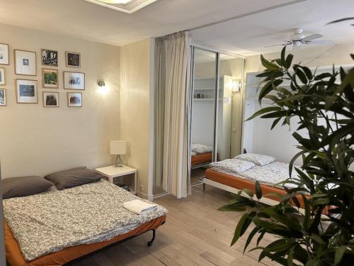 - une chambre avec deux lits et une plante en pot dans l'établissement Heart of Paris, quiet, perfect to enjoy the city, à Paris