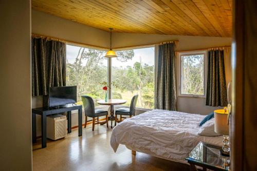 Schlafzimmer mit einem Bett und einem Tisch mit Stühlen in der Unterkunft Volcano Inn Bed n Breakfast in Volcano