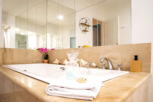 a bathroom with a sink and a large mirror at Le Charme de l'Orée des Lices in Carcassonne