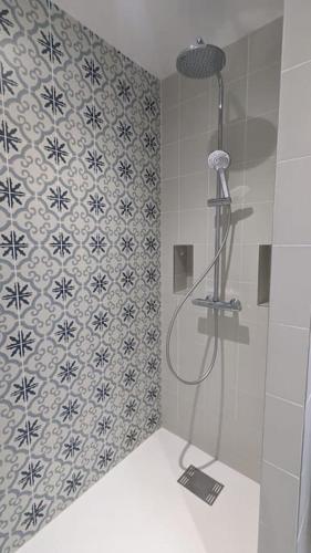 une douche dans une salle de bain avec un mur carrelé dans l'établissement Cosy Olympe - 1CH - Hyper Centre Quartier des Halles, à Pau