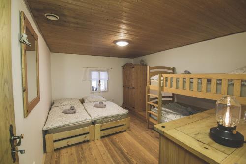a bedroom with two bunk beds and a desk at Chalupa Hejmovka in Špindlerův Mlýn