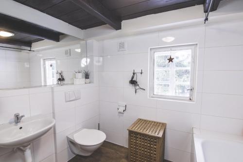 La salle de bains blanche est pourvue de toilettes et d'un lavabo. dans l'établissement Chalupa Hejmovka, à Špindlerův Mlýn