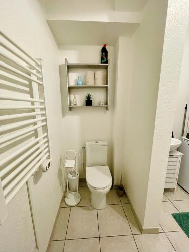 une petite salle de bain avec toilettes et lavabo dans l'établissement Joli appartement avec parking, à Montbéliard