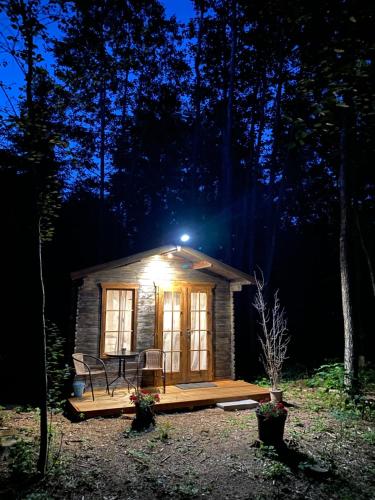 a small cabin in the woods at night at Jausa metsamaja in Jausa